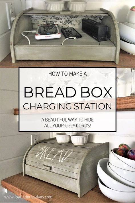 Charging Station / How to Hide Cords / Bread Box / DIY Tutorial / Organizing Trick / How to Hide Clutter Repurposed Furniture, Hide Clutter, Hide Cords, Charging Stations, Kitchen Drawer, Bread Box, Box Diy, Tutorial Diy, Charging Station