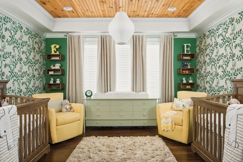 Green And Yellow Nursery, Nature Inspired Nursery, Eclectic Nursery, Nursery Accent Wall, Custom Nursery Art, Traditional Nursery, Green Accent Walls, Swing Bed, Wallpaper Nursery