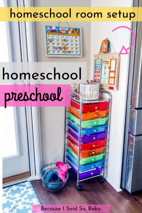 Preschool Organization At Home, Homeschool Room Ideas At Home Preschool, Preschool Homeschool Corner Ideas, Learning Room At Home, Home Classroom Ideas Preschool, Prek Classroom Setup At Home, Classroom At Home Ideas, Preschool Room Ideas Classroom Setup Learning Spaces, Small Home Preschool Room Setup