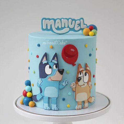 Number 1 Bluey Cake, Bandit Cake Bluey, Bluey Themed Cakesicles, Blurt Birthday Cake, Bingo Cake Ideas Bluey, Bluey Cake Birthday, Bluey 4th Birthday Cake, Bingo Bluey Birthday Cake, Bingo And Bluey Birthday Cake