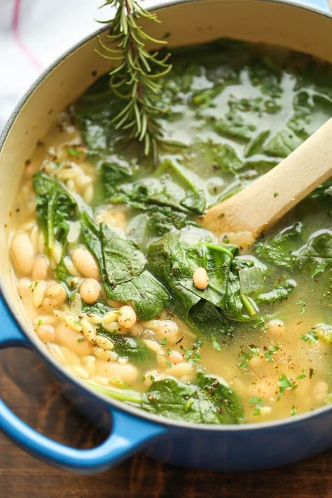 Spinach and White Bean Soup - A healthy and hearty, comforting soup - chock full of fresh spinach, white beans and orzo pasta - made in less than 30 min! Spinach And White Bean Soup, Comforting Soup, Spinach Soup, Comfort Soup, Orzo Pasta, White Bean Soup, Fresh Spinach, Soup And Sandwich, White Bean