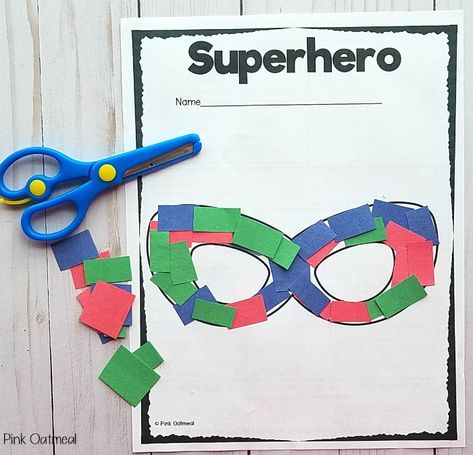 Superhero Activities - Superhero Scissor Skills for superhero masks. Superhero Week Preschool Activities, Superhero School Activities, Superhero Classroom Activities, Superhero Arts And Crafts For Kids, Superhero Activities For Kindergarten, Superhero Fine Motor Activities, Super Hero Activities For Toddlers, Superhero Activities For Toddlers, Super Hero Activities Preschool