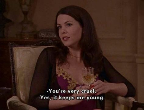 “-You're very cruel. +Yes, It keeps me young.” —Lorelai Gilmore Rory Gilmore Quotes, Gilmore Quotes, 1990 Style, Lorelei Gilmore, Gilmore Girls Quotes, Series Quotes, Lorelai Gilmore, Film Quotes, Dirty Dancing