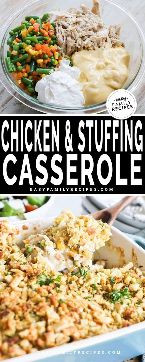 Chicken and Stuffing Casserole with Vegetables · Easy Family Recipes Cozy Casseroles, Stovetop Stuffing, Stove Top Stuffing Recipes, Chicken And Vegetable Casserole, Chicken Breast Casserole Recipes, Easy Casserole Recipe, Chicken Breast Casserole, Baked Chicken Casserole, Chicken And Dressing Casserole