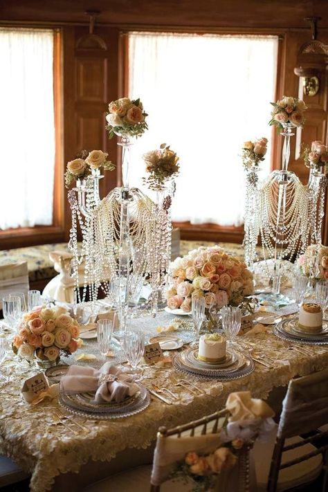 The Jazz Age: Great Gatsby Inspired Wedding Decor | Minnesota Bride Magazine 1920s Tablescape, Pearl Tablescape, 1920s Table, Pearl Themed Party, Vintage Tablescape, Great Gatsby Prom, 1920's Party, Great Gatsby Themed Wedding, Tablescape Wedding