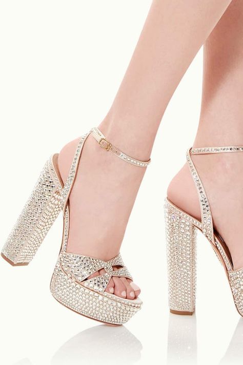 Buy White Plain Alicent Peep Toe Platform Heels by Sephyr Online at Aza Fashions. Wedding Shoes Platform, Diamond Heels, Bling Sandals, Formal Heels, Heels Gold, Heel Accessories, Wedding Shoes Bride, Heels Online, Womens Chunky Heels