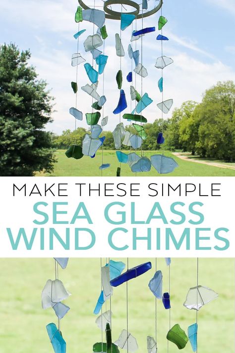 Make these simple sea glass wind chimes with just a few supplies! These beach themed wind chimes are just what your home needs this summer! #seaglass #beach #crafts #windchimes Sea Glass Wind Chimes, Seaglass Beach, Sea Glass Diy, Make Wind Chimes, Wind Chimes Homemade, Sea Glass Art Diy, Sea Glass Art Projects, Wind Chimes Craft, Beach Glass Crafts