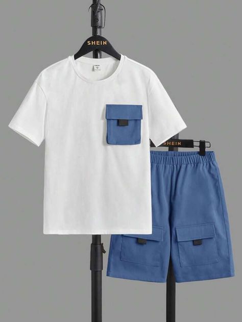 Free Returns ✓ Free Shipping✓. SHEIN Kids HYPEME Boys Flap Pocket Tee & Shorts- Tween Boys Sets at SHEIN. Guys Fashion Swag, African Wear For Men, Sports Wear Fashion, African Wear Styles For Men, Shein Kids, African Shirts For Men, Hype Clothing, Simple Kurta Designs, Trendy Shirt Designs