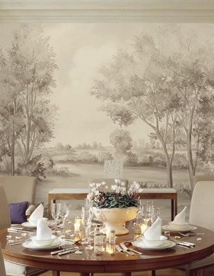 Hand Painted Mural Wallpaper | Susan Harter Muralpapers French Wall Mural, French Mural Wallpaper, Abstract Countryside Painting, Mural Wallpaper Nature, Wallpaper Dining Rooms, Wallpaper Murals Statement Wall, Mural Wallpaper Dining Room, Susan Harter, Hand Painted Murals