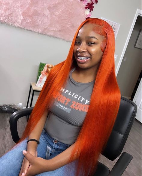 Orange Wig, Straight Human Hair Bundles, Frontal Wig Hairstyles, Pretty Hair Color, Colored Wigs, Hair Laid, Front Lace Wigs Human Hair, Straight Human Hair, Orange Hair