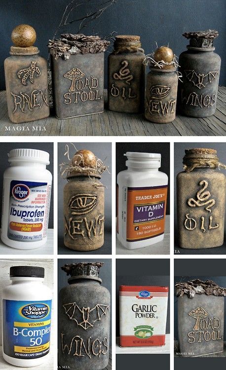 Halloween crafts: DIY Halloween Apothecary JarsÃ¢ÂÂ Tutorial from Magia Mia. Turn plastic vitamin bottles into creepy apothecary jars using a glue gun and chalkboard paint.. Diy Halloween Apothecary, Diy Halloween Apothecary Jars, Halloween Apothecary Jars, Halloween Diy Outdoor, Halloween Apothecary, Halloween Bottles, Adornos Halloween, Manualidades Halloween, Harry Potter Diy