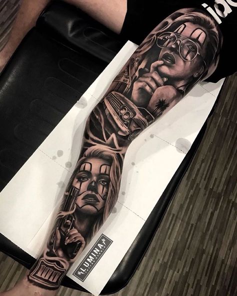 Dortmund Wallpaper, Lowrider Tattoo, Chicanas Tattoo, Arm Sleeve Tattoos For Women, Chicano Tattoos Sleeve, Lion Tattoo Sleeves, Full Leg Tattoos, Gangsta Tattoos, Money Tattoo