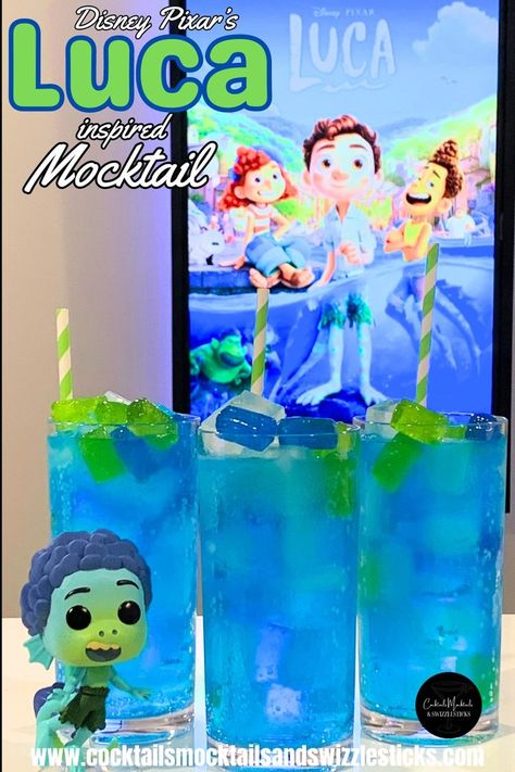 This image shows three tall blue drinks with green and blue jolly ranchers on top with green and white striped straws with a Luca figure from the movie Luca in front of a Luca movie poster Luca And Alberto, Disney Themed Movie Night, Luca Movie, Disney Movie Night Food, Disney Themed Food, Disney Movie Night Dinner, Movie Night Dinner, Movie Night Food, Apple Drinks