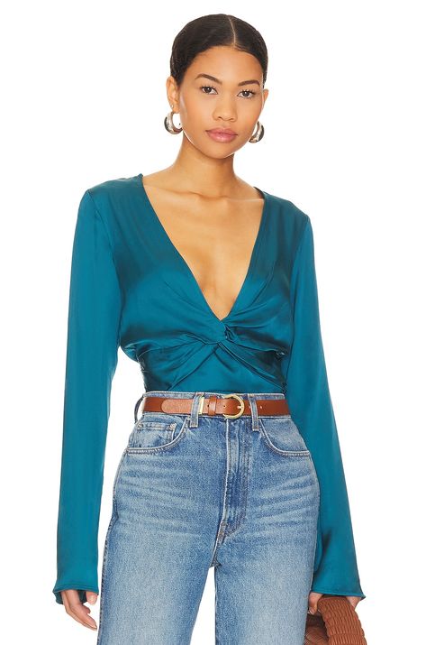 Satin Crop Top, Teal Blue Color, Blue Long Sleeve Tops, Twist Style, Satin Top, Boho Look, Velvet Tops, Boho Blouses, Narnia