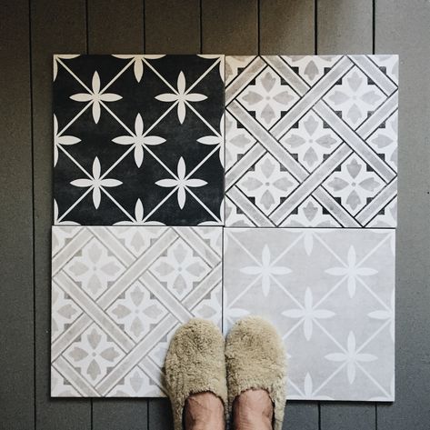 Monochrome and geometric tiles are just what you need for your home. Bathroom Ideas Patterned Tiles, Laura Ashley Tiles Bathroom, Laura Ashley Mr Jones Tiles, Mr Jones Tiles, Laura Ashley Tile, Tiled Hearth Ideas, Laura Ashley Floor Tiles, Laura Ashley Tiles, Laura Ashley Bathroom