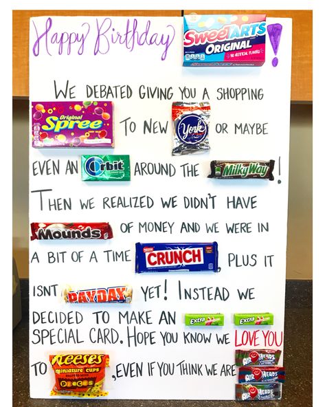 Birthday Candy Board, Candy Poster Board, Birthday Candy Poster, Candy Birthday Cards, Candy Bar Poster, Homemade Birthday Gifts, Candy Board, Candy Bar Birthday, Hilarious Texts