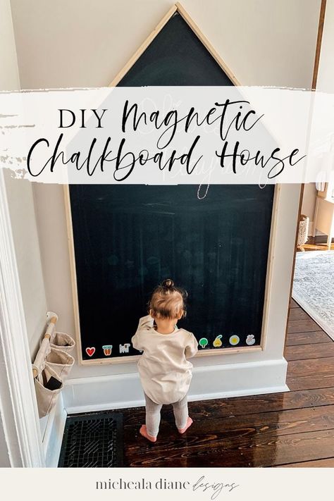 When I started designing our daughter’s playroom I came across an image of these large house-shaped chalkboards. We had the perfect spot for one and it was a great way to fill the empty space with a decorative and practical wall decor piece. This magnetic chalkboard house would be the perfect diy Christmas gift and it's so fun to make too! In this post, I am sharing a detailed step-by-step on how we created our own DIY magnetic chalkboard house and how you can too. Magnetic Playroom Board, Chalkboard Paint Playroom, Magnet Chalkboard Wall, Magnetic Board For Playroom, Diy Blackboard Wall, Playroom Chalk Wall, Kids Play Room With Chalk Board, Chalkboard Playroom Ideas, Diy Framed Chalkboard