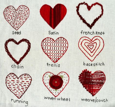 NINE FUN WAYS TO EMBROIDER VALENTINE HEARTS! — Pam Ash Designs Embroidery Heart Pattern, Valentines Embroidery Designs, Valentine Embroidery, Embroidery Hearts, Embroidery Sampler, Valentine Hearts, Cute Embroidery, Simple Embroidery, 자수 디자인