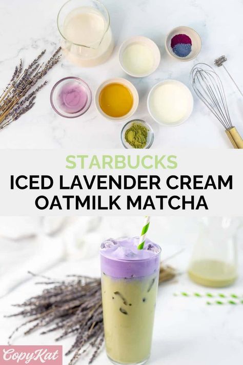 Starbucks Iced Lavender Cream Oatmilk Matcha is a deliciously refreshing and creamy tea drink with floral notes. Matcha is combined with oat milk, poured over ice, and topped with lavender cold foam. Get the easy copycat recipe and find out how to make an iced matcha latte with lavender cold foam like Starbucks. Barista Recipes, Iced Matcha Recipe, Holidays Appetizers, Lavender Latte Recipe, Lavender Drink, Matcha Drink Recipes, Summer Mocktail, Matcha Tea Latte, Starbucks Matcha