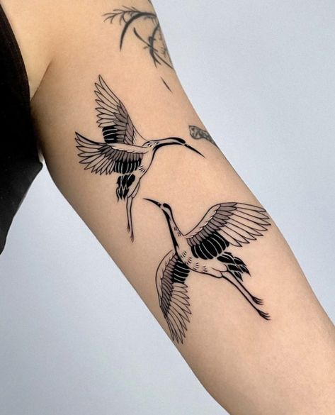 Symmetrical Tattoos, Crane Tattoo, Fineline Tattoo, Pieces Tattoo, Tasteful Tattoos, Asian Tattoos, Blossom Tattoo, Dainty Tattoos, Black Ink Tattoos