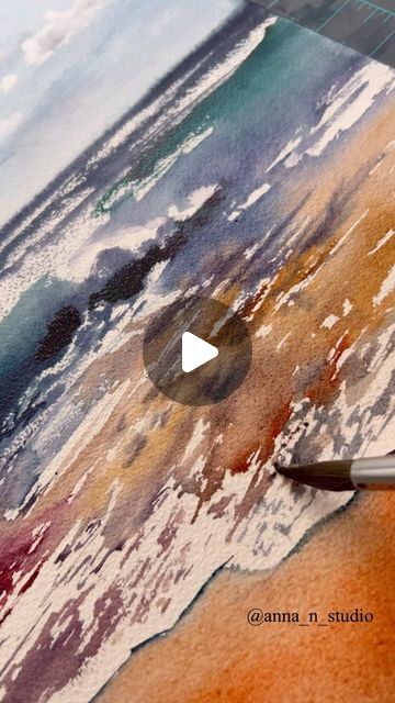 Sea Waves Watercolor, Watercolour Beach Tutorial, Watercolor Waves Tutorial, Seascape Paintings Watercolor, Watercolor Beach Tutorial, Beach Watercolor Paintings, Watercolor Beach Scenes, Seascape Paintings Acrylic, Beach Is My Happy Place