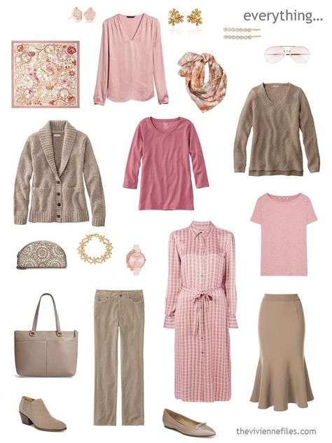 Taupe And Pink Outfit, Vivian Files, Pink And Brown Outfits, Pink And Beige Outfit, Soft Summer Wardrobe, Pink Brown Outfit, Pink Capsule Wardrobe, Soft Summer Palette, The Vivienne Files