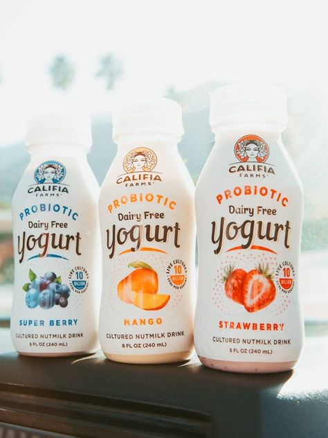 Califia Farms Dairy-Free Yogurt Drinks Review and Information - Four varieties, single-serve, and multi-serve bottles. We have ingredients, nutrition info, ratings, and more. Drinking Yogurt, Yogurt Brands, Dairy Free Salads, Dairy Free Coffee, Yogurt Drink, Probiotic Yogurt, Califia Farms, Plant Based Yogurt, Drink Design