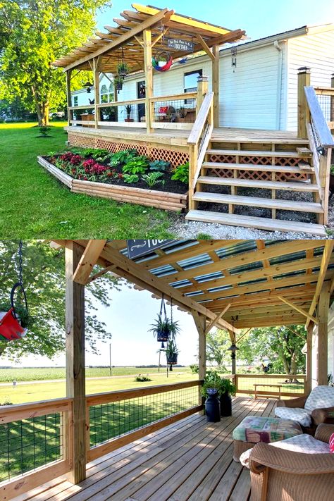 Trailer Porch Decorating Ideas, Back Porch Wood Deck Ideas, Trailer Porch Ideas, Mobile Home Decks, Mobile Home Decks And Porches, Porch Skirting Ideas, Elevated Porch, Diy Mobile Home Skirting, Mobile Home Skirting Ideas