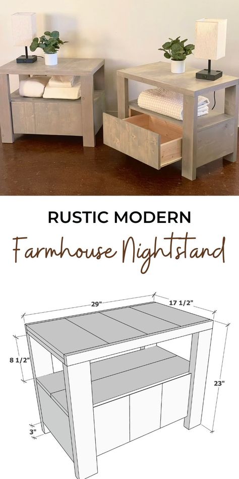 Pallet Nightstand Diy, Diy Nightstand With Drawer, Diy Nightstand Ideas, Bedroom Nightstand Ideas, Modern Farmhouse Nightstand, Farmhouse Night, Diy Night Stand, Diy End Table, Carpentry Ideas