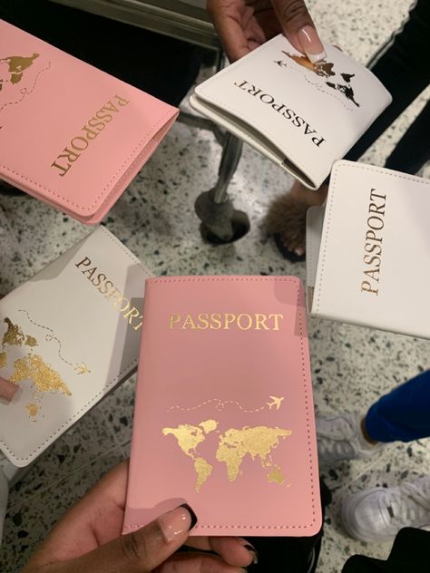 #holiday #passport #girlstrip #spain #alicante #blackgirlmagic Passport Asthetics Photos, Passport Group Picture, Pink Passport Cover, Passports Aesthetics, Passport Picture Black Women, Passport Aesthetic Black Woman, Passport Aesthetic Photo, Girls Trip Aesthetic Black Women, Pink Passport Aesthetic