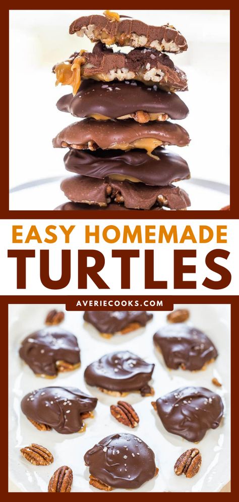 Pecan Turtles Recipe, Homemade Turtles, Turtle Recipe, Chocolate Turtle, Pecan Turtles, How To Melt Caramel, Averie Cooks, Chocolate Turtles, Candy Recipes Homemade