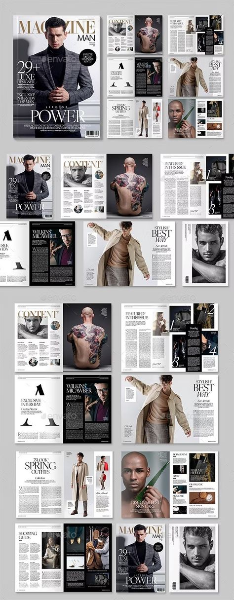 Men's Fashion Magazine Template, Print Templates | GraphicRiver Vogue Magazine Design, Movie Magazine Layout, Tabloid Layout, Fashion Book Cover, Layout Design Magazine, Fashion Magazine Layout Design, Magazine Cover Fashion, Fashion Magazine Template, Magazine Page Layouts