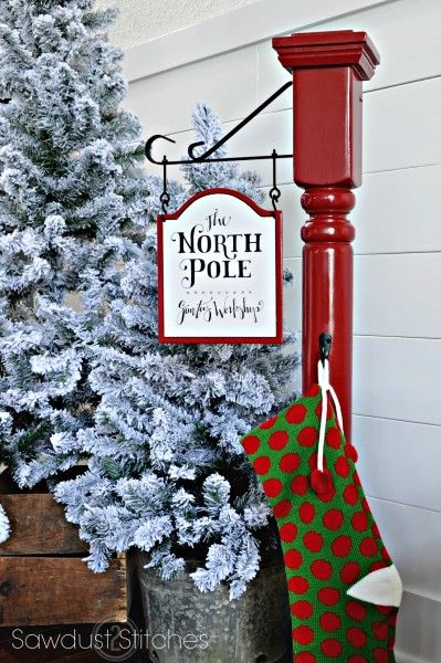 Stocking Post, Christmas Stocking Stand, Christmas Stocking Holders, Christmas Wood Crafts, The North Pole, Christmas Wood, North Pole, Xmas Crafts, Christmas Signs