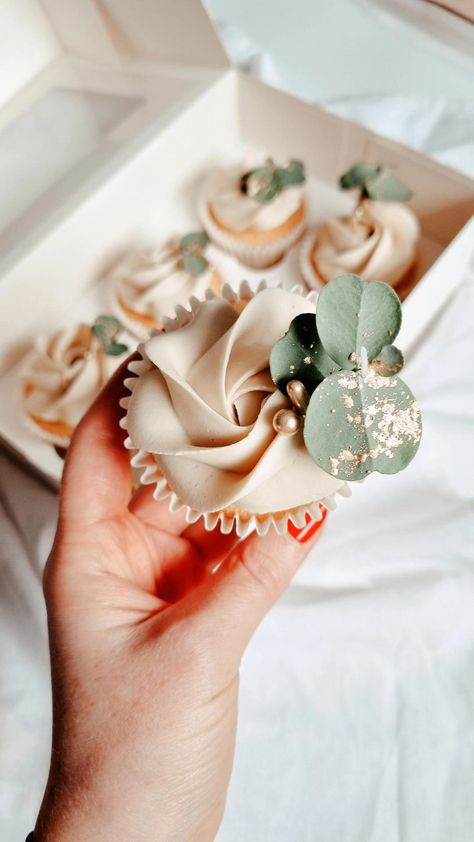 Wedding Cupcakes With Eucalyptus, Cupcake With Eucalyptus, Boho Cake And Cupcakes, Rustic Theme Cupcakes, Rustic Boho Wedding Cupcakes, Bridal Shower Cupcakes Greenery, Eucalyptus Cake Pops, Garden Wedding Cupcakes, Rustic Bridal Shower Cupcakes