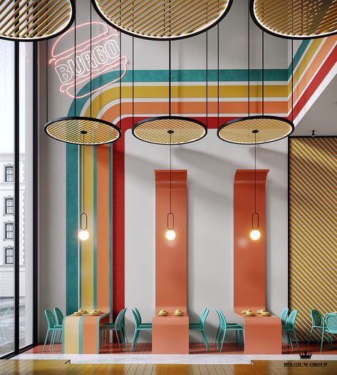 B U R G O :: Behance Urban Design Interior, Colorful Reception Desk, Fast Food Interior Design Ideas, Colourful Office Design, Gradient Interior Design, Colorful Hotel Room, Circle Bar Design, Retro Office Design, Interior Design Mexico