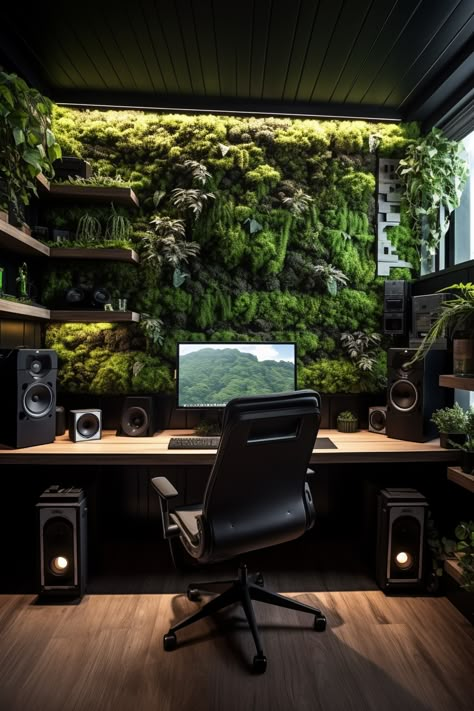 Workspace Setup Inspiration, Pc Setup With Plants, Office Ideas With Plants, Biophilic Room Design, Office Space With Plants, Dream Computer Setup, Plant Gaming Room, Nature Desk Setup, Battlestations Workspaces