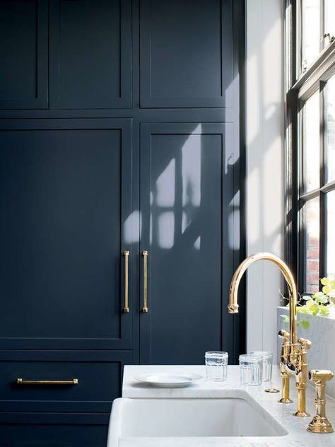 Hale Navy by Benjamin Moore | Paint by Numbers: Top Paint Brands Reveal Their Most Popular Colors Hale Navy Benjamin Moore, Most Popular Paint Colors, Blue Cabinet, Navy Kitchen, Black Paint Color, Dark Paint Colors, Hale Navy, Painted Kitchen Cabinets Colors, Popular Paint Colors