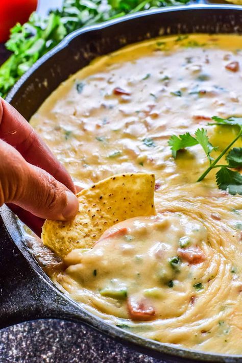 Tortilla chip being dipped into Queso Queso Dip Easy, Queso Dip Crockpot, Mexican Queso, Super Bowl Dips, Queso Dip Recipe, Lemon Tree Dwelling, Dip For Tortilla Chips, Mexican Dips, Homemade Nachos