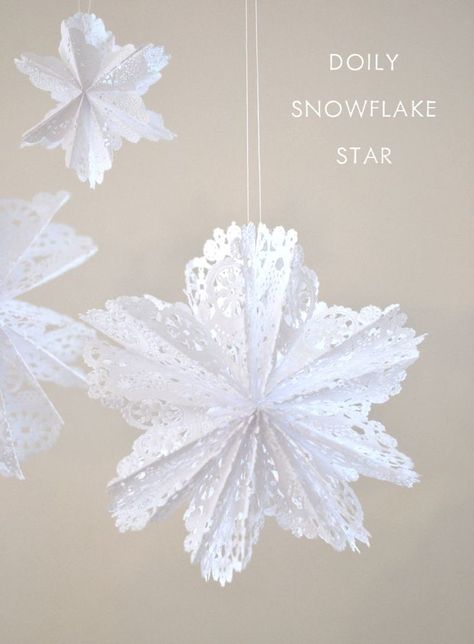 Make 3-dimensional snowflakes from doilies. Coffee Filters Snowflakes, Paper Doily Crafts, 3d Snowflakes, Doilies Crafts, Snowflake Garland, Paper Snowflake, Handprint Craft, Paper Doilies, Winter Crafts For Kids