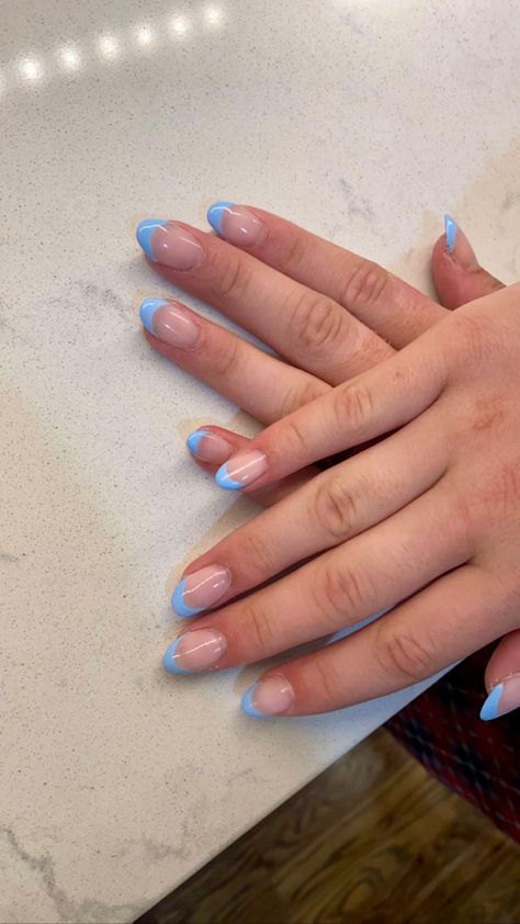 Cute Nail Designs French Tip Almond, Acrylics Nails French Tip, French Tip Extensions, Nail Ideas Acrylic Almond French Tip, Square Dipped Nails, Colorful Summer French Tip Nails, Small Dip Nails, Blue Summer French Tip Nails, Simple Almond Summer Nail Ideas