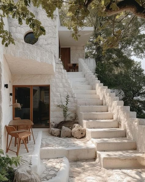 Casa de Piedra: A Contemporary Ode to El|Visualization Stone House Garden, Mediterranean Stone House Exterior, White Marble Staircase, Stone Villa, Marble Staircase, Italian House, House Fashion, Modern Residence, Spanish Style Home