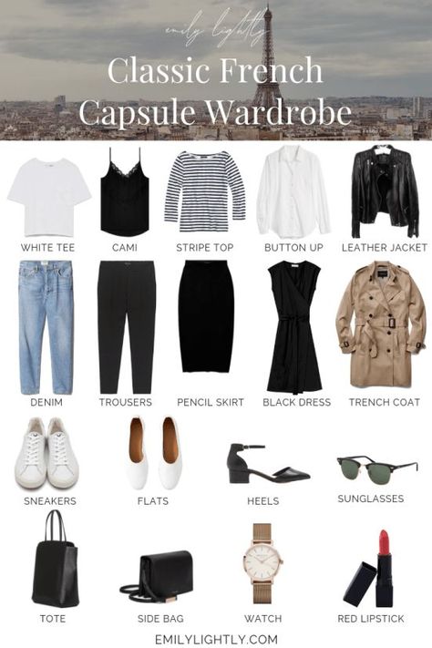 The Classic French Capsule Wardrobe - Emily Lightly // minimalism, simple style, slow fashion, minimalist outfit ideas Outfit Minimalista, Vacation Airplane, French Capsule Wardrobe, Minimalist Moda, Basic French, French Wardrobe, Capsule Wardrobe Outfits, Airplane Essentials, Fashion Capsule Wardrobe