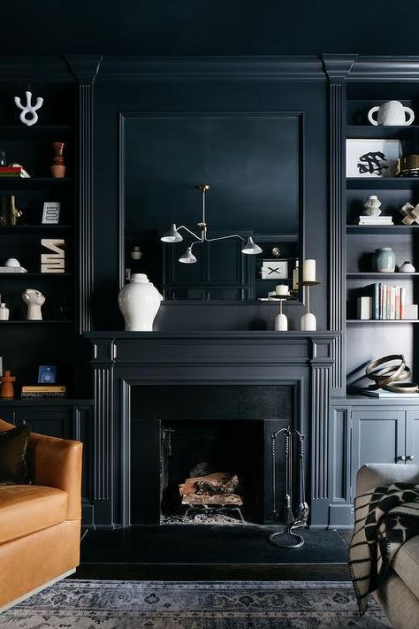 Fireplace Same Colour As Wall, Dramatic Fireplace Wall, Built In Shelving Around Fireplace, Dark Fireplace Mantle, White Living Room With Fireplace, Fireplace 2023, Fireplace And Bookshelves, Black Fireplaces, Black Fireplace Mantel