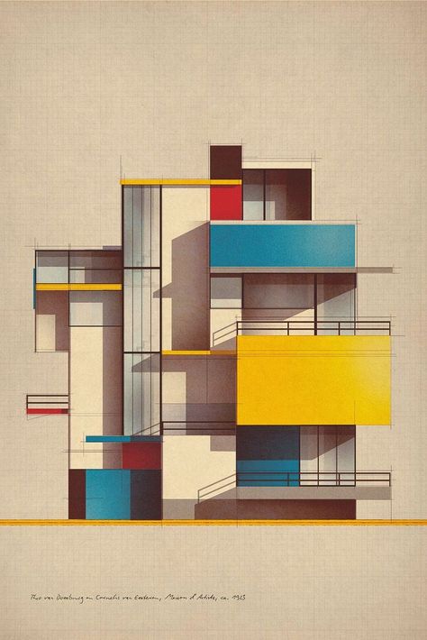 Bauhaus Interior, Theo Van Doesburg, Bauhaus Architecture, Bauhaus Art, Bauhaus Design, Piet Mondrian, Architecture Illustration, Limited Edition Art Print, Architecture Sketch