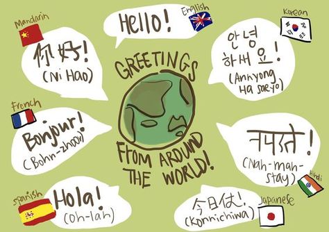 Saying hello in different languages! Created by One Mustard Seed Story. Greeting In Different Languages, English As A Global Language Poster, Hello In Different Languages Poster, International Language Day Poster, Hi In Different Languages, Hello In Many Languages, International Language Day, Korean Greetings, European Day Of Languages