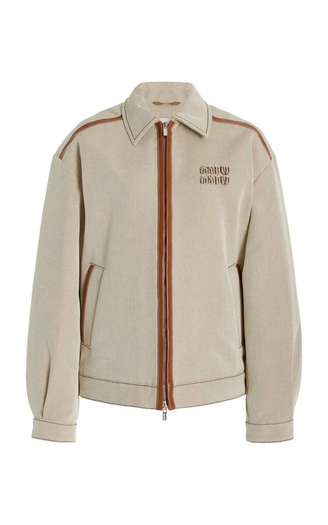 MODA OPERANDI: MIU MIU  Leather Trimmed Canvas Jacket… Prada Outlet, Teen Wolf Outfits, Embroidered Leather Jacket, Canvas Jacket, Korean Fashion Dress, Fire Fits, Easy Trendy Outfits, Summer 24, Jacket Pattern