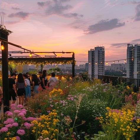 Rooftop Garden Party: As the sun sets, guests enjoy a vibrant garden party on a rooftop overlooking the cityscape. #rooftop #garden #party #sunset #cityscape #guests #blooming #flowers #aiart #aiphoto #stockcake https://ayr.app/l/78jK Rooftop Flower Garden, Caviar Brunch, Cityscape Rooftop, Rooftop Garden Wedding, Terrace Party, Rooftop Brunch, Sunset Cityscape, Party Image, Sunset Party