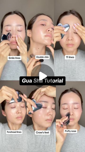 Yuri Lee on Instagram: "Gua Sha Tutorial for smile lines, double chin, 11 lines, forehead lines, crow’s feet, and puffy nose🫶 Used @guerlain watery youth oil & terahertz Gua Sha. (link in my Amazon storefront🩷) Repeat each movement 10 times🫡 #guasha #guashatutorial #smilelines #crowsfeet #frownlines #doublechin #puffyeyes #antiaging #facemassage" Guasha For Smile Lines, Guasha Smile Lines, Gus Sha Smile Lines, Gua Sha For 11 Lines, Gus Sha Tutorial, Gua Sha Frown Lines, Under Eye Gua Sha, Guasha Massage Faces Double Chin, Guasha Forehead Wrinkles