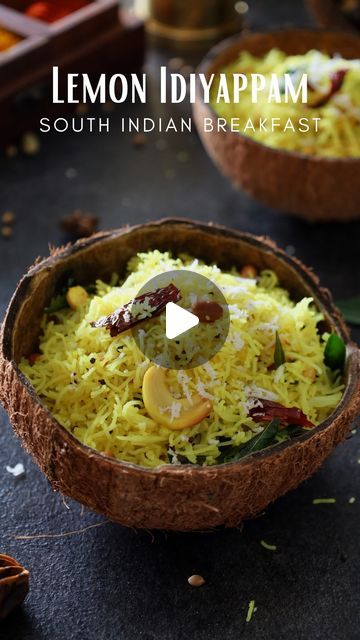 Malvika Hada Kumar | Recipe Developer on Instagram: "Lemon Idiyappam 🍋 🍝 - This is one of my favourite South Indian breakfasts. If you love lemon rice, you will love this one too. Try it and serve with coconut chutney and filter coffee for a comforting breakfast. Yum! 

Ingredients -
For Idiyappam -
1 cup rice flour
1-1/2 cups water
1 tsp oil
1/2 tsp salt
For tempering -
1 tbsp oil
1 tsp mustard seeds
1 tsp urad dal
1/2 tsp chana dal
5-6 cashews, halved
2-3 dry red chillies, broken
1-2 sprig curry leaves
1/4 tsp hing
1/3 tsp turmeric powder 
Salt, to taste
Juice from 1 big lemon
1/4 cup roasted/fried peanuts
1 tbsp fresh coconut, grated

Instructions-
In a pan, roast rice flour lightly. Do not brown it. Take it out in a bowl.
Add water in a pan. Add oil, salt and let it come to a boil. A Comforting Breakfast, Pan Roast, South Indian Breakfast Recipes, South Indian Breakfast, Recipe Developer, Veg Snacks, Chana Dal, Urad Dal, Lemon Rice