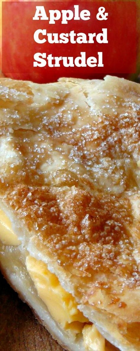 Delicious Apple and Custard Strudel, serve warm on their own or add a blob of… Great British Food, Apple Custard, Strudel Recipes, Apple Strudel, Popular Desserts, British Food, Cannoli, Best Dessert Recipes, Sweets Desserts